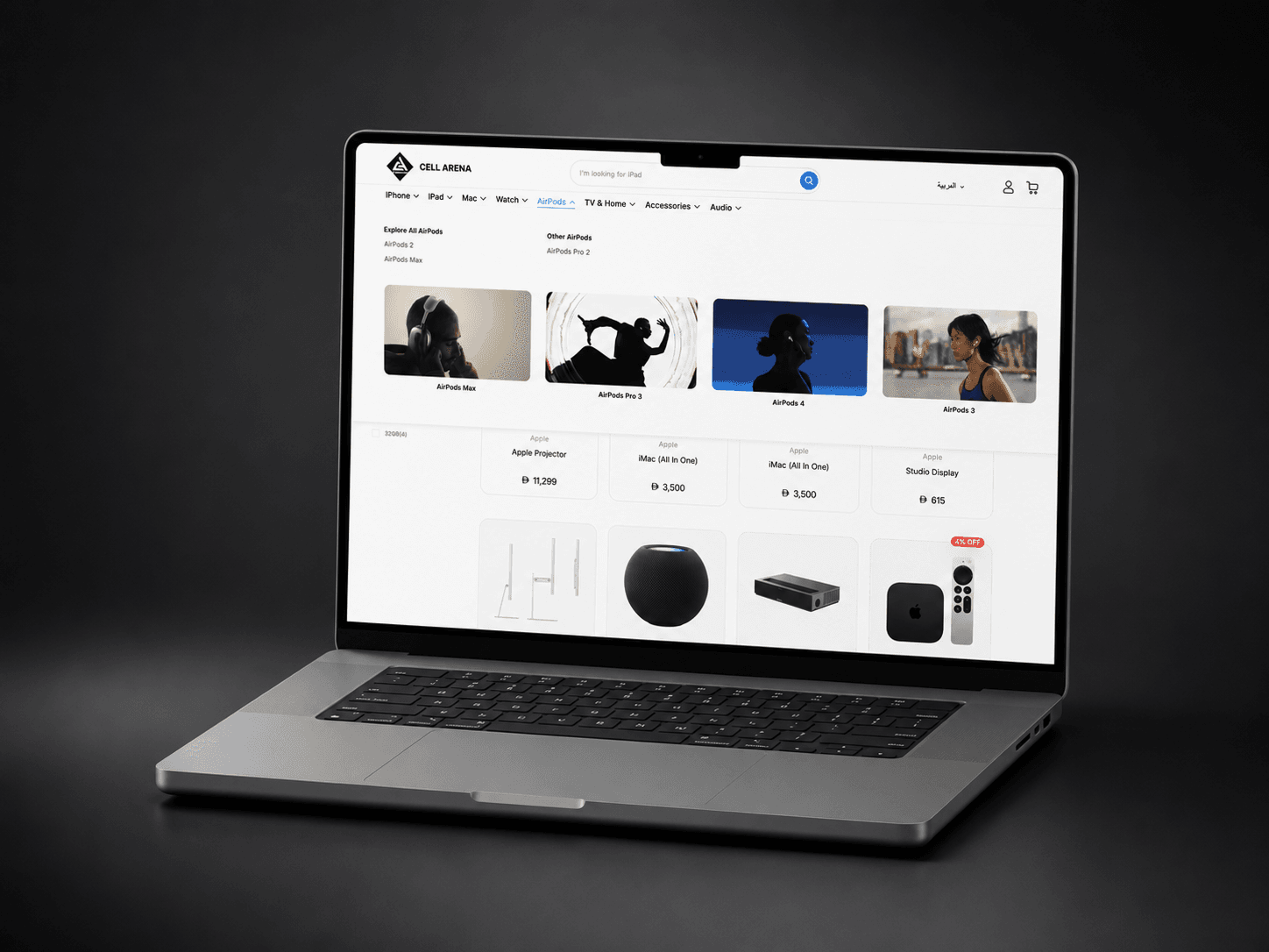 Cell Arena, Category browse — iPhone, Mac, Watch, AirPods.