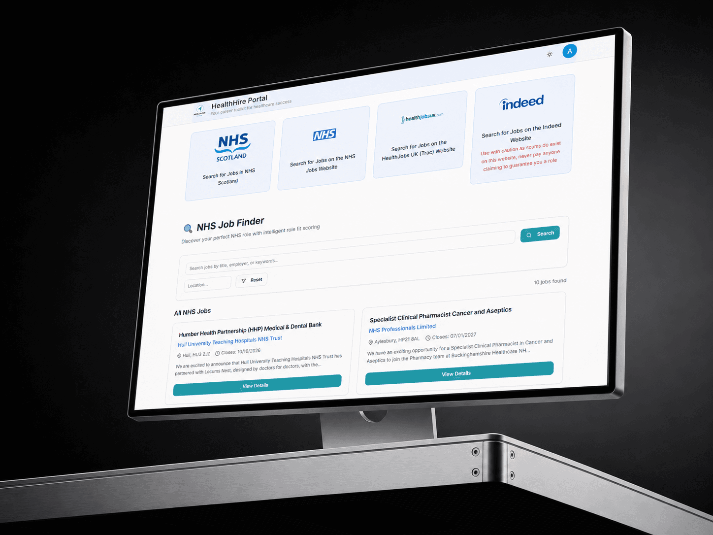 HealthHire Portal, NHS job finder — aggregated healthcare roles with search, filters and role details.