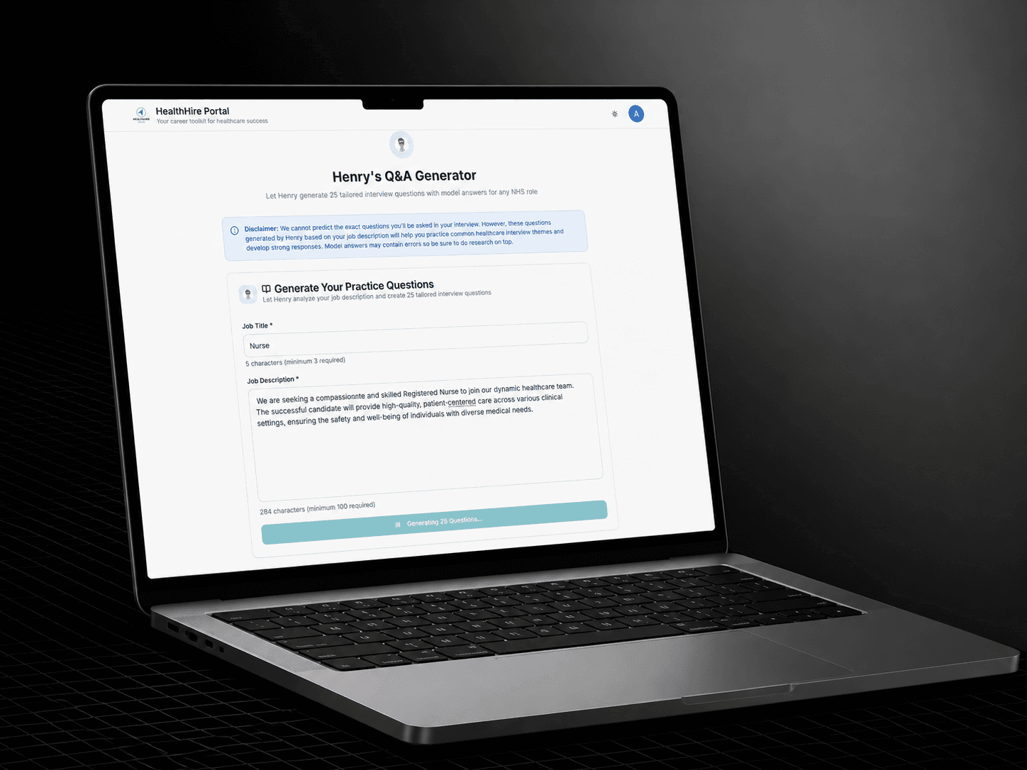 HealthHire Portal, Henry’s Q&A generator — AI-generated role-specific interview questions and model answers.