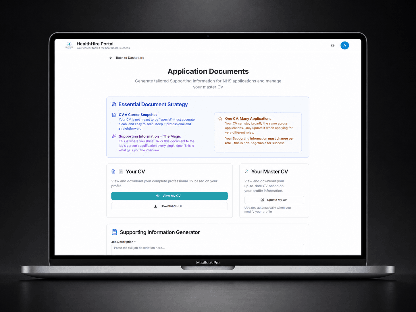 HealthHire Portal, Application tracker — saved roles, interview progress and outcomes in one dashboard.