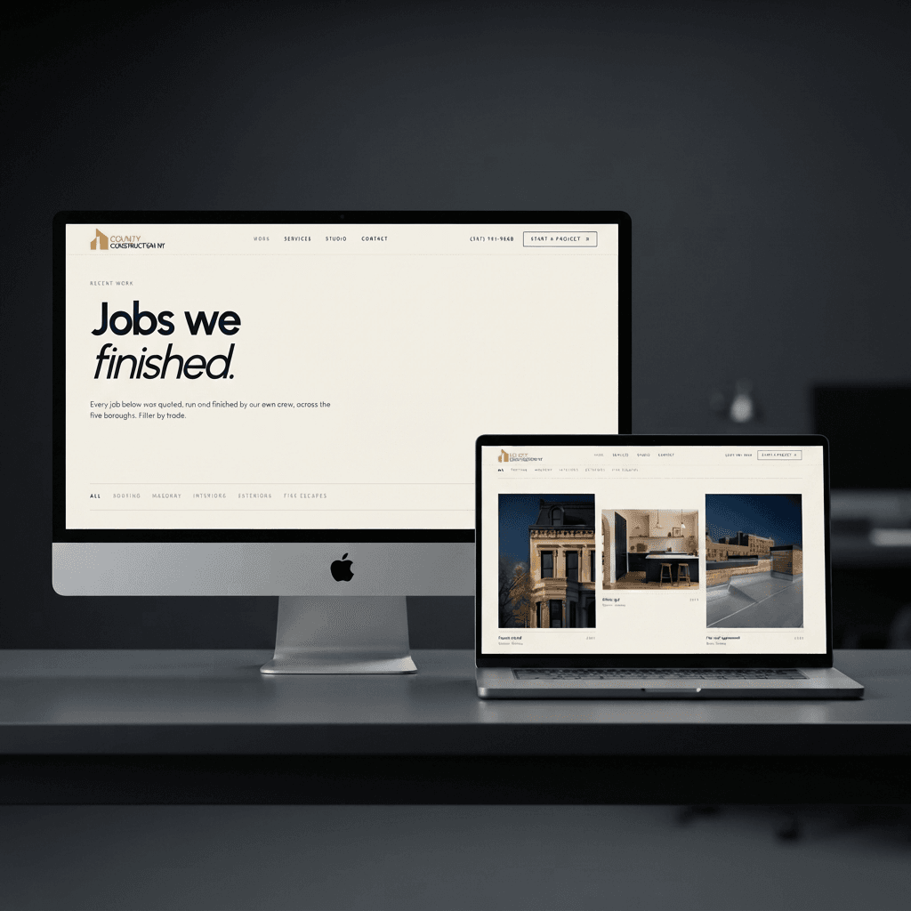 County Contracting NY, Hero banner — 'We build in New York' position and quote call-to-action.