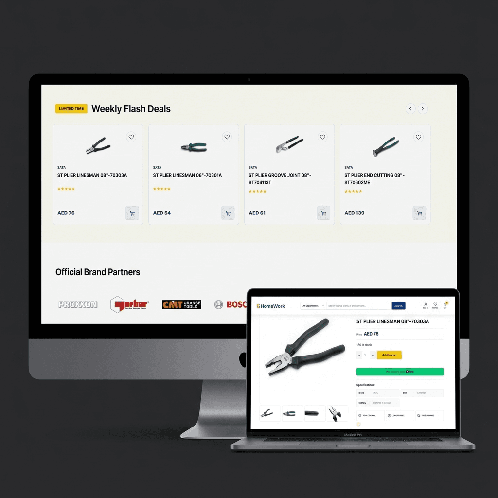 HomeWork L.L.C., Storefront header — department mega menu, live SKU search, and WhatsApp support.