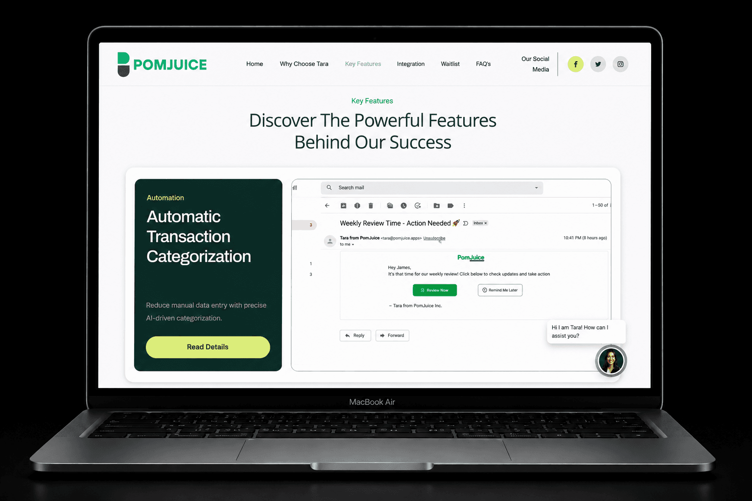 Tara AI, Key features — transaction categorization, scenario planning, and financial dashboards.