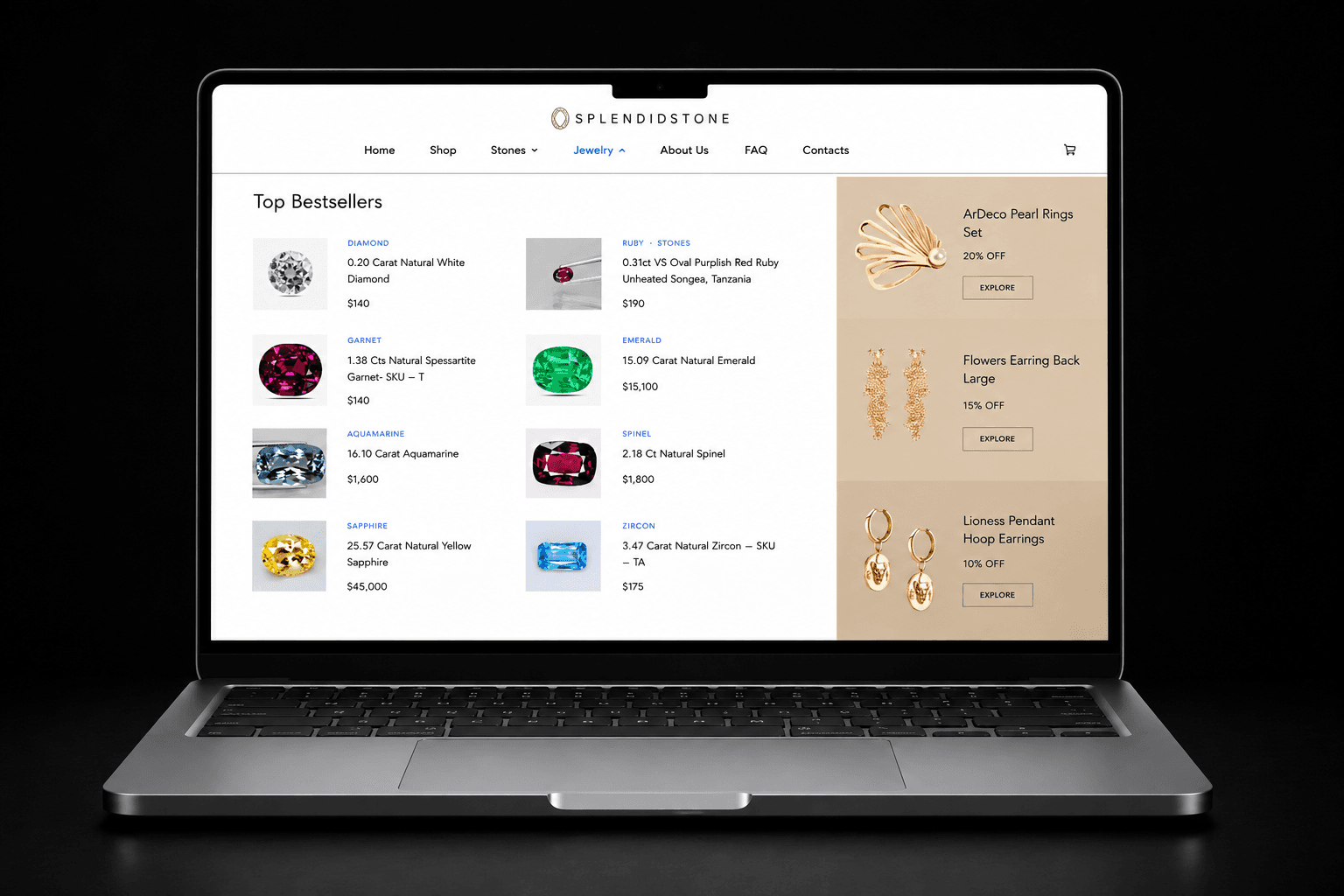 Splendid Stones, Product detail page — variation swatches, authenticity details, and checkout path.