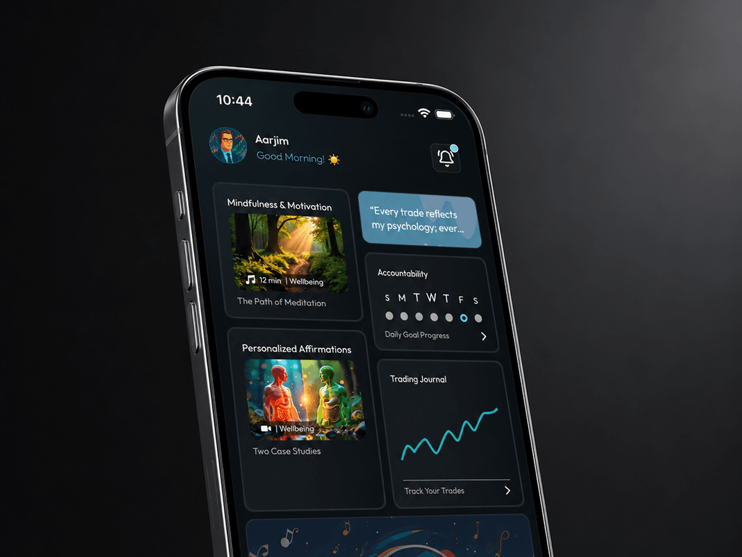 Trader365, App home — daily practice, affirmation and journal shortcut.