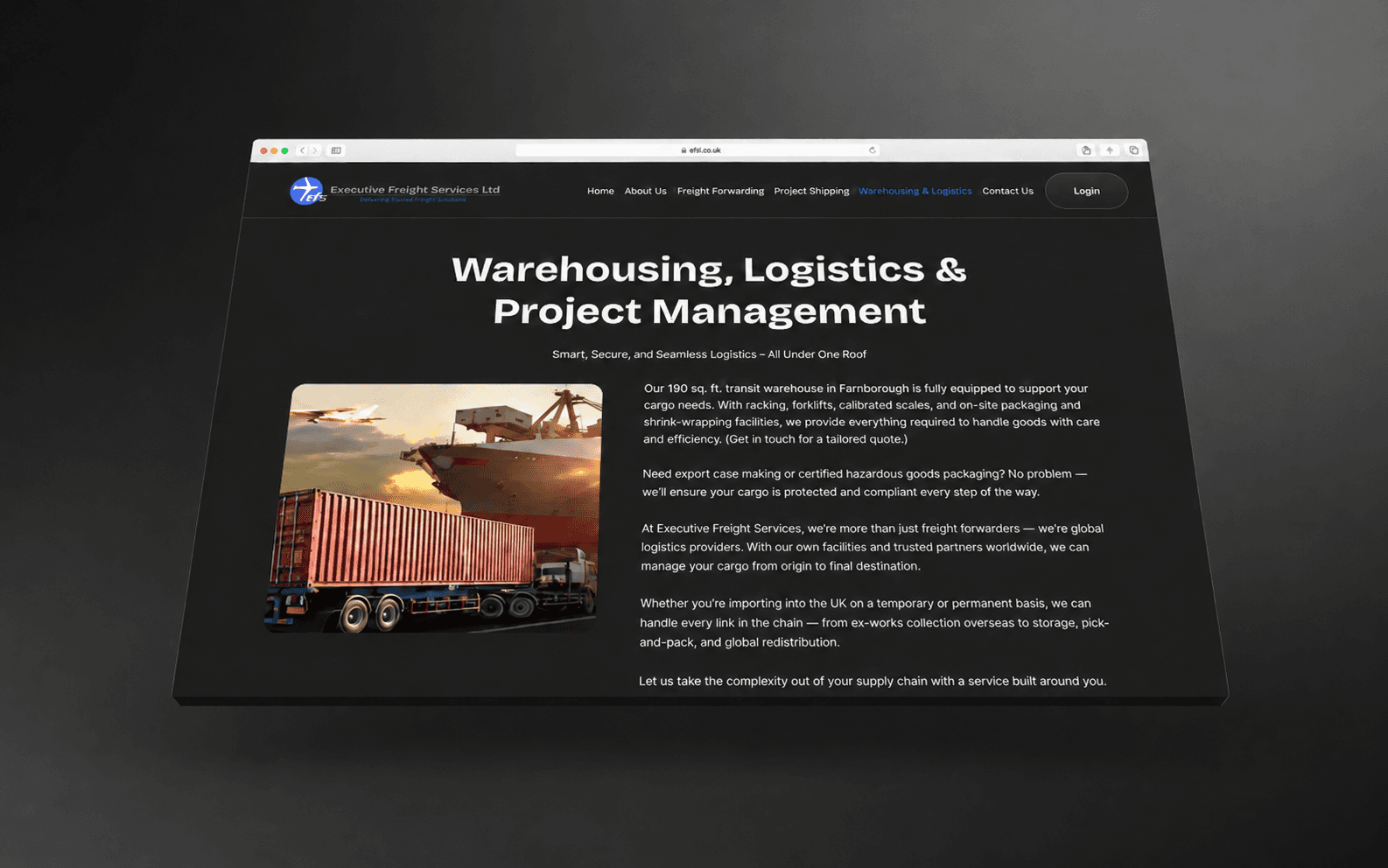 Executive Freight Services, Home — 'Global Freight Solutions, Handled with Precision'.