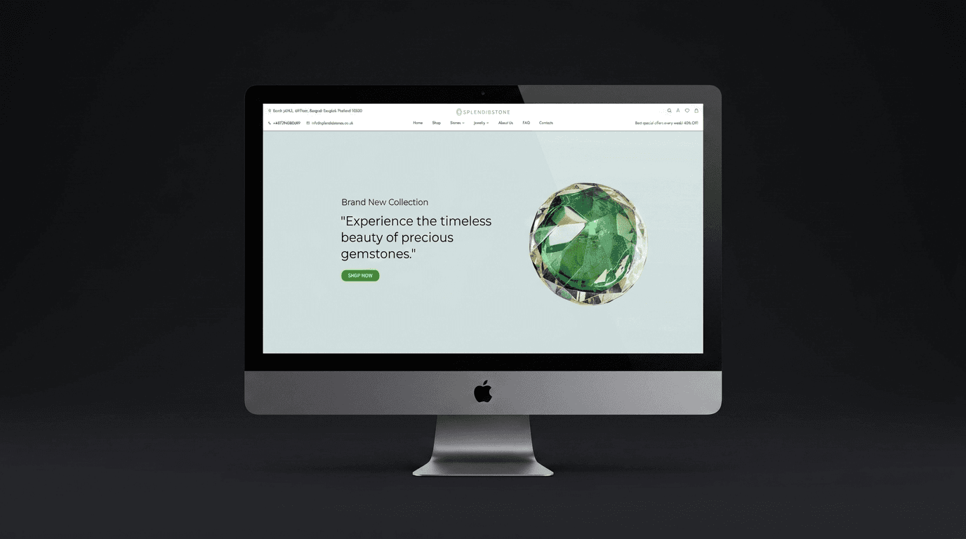 Splendid Stones, A high-end e-commerce platform for Splendid Stones, featuring a curated catalogue of rare gemstones, fine jewelry collections, variation swatches, and global shipping integration.