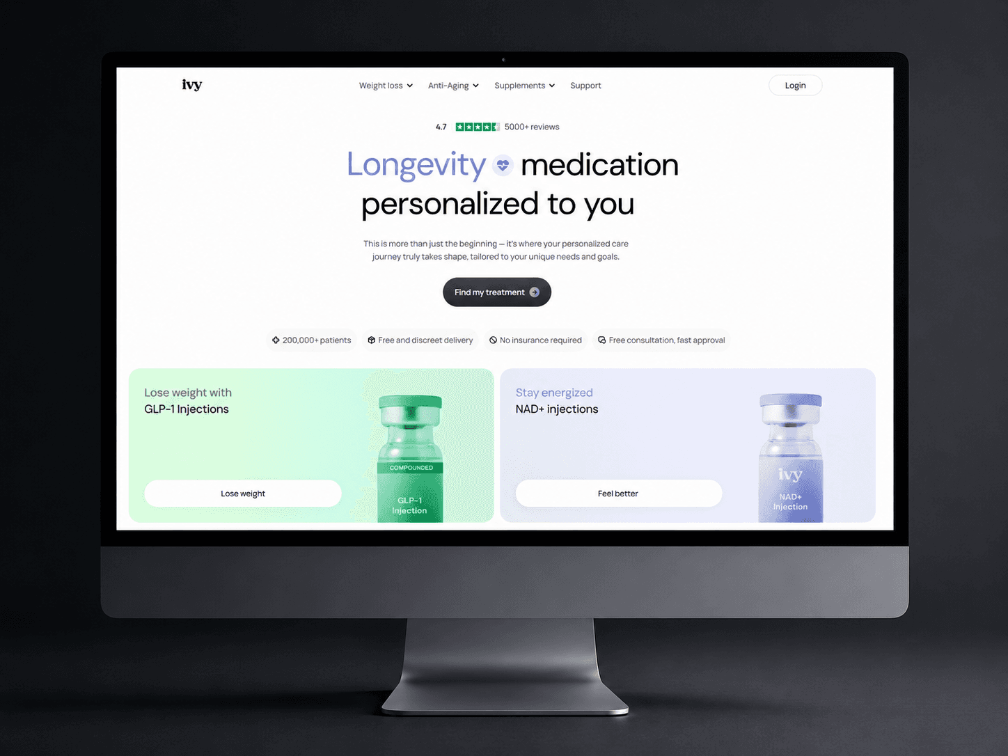 Ivy Rx, Homepage hero — trust-led positioning, review signals and a clear treatment discovery CTA.