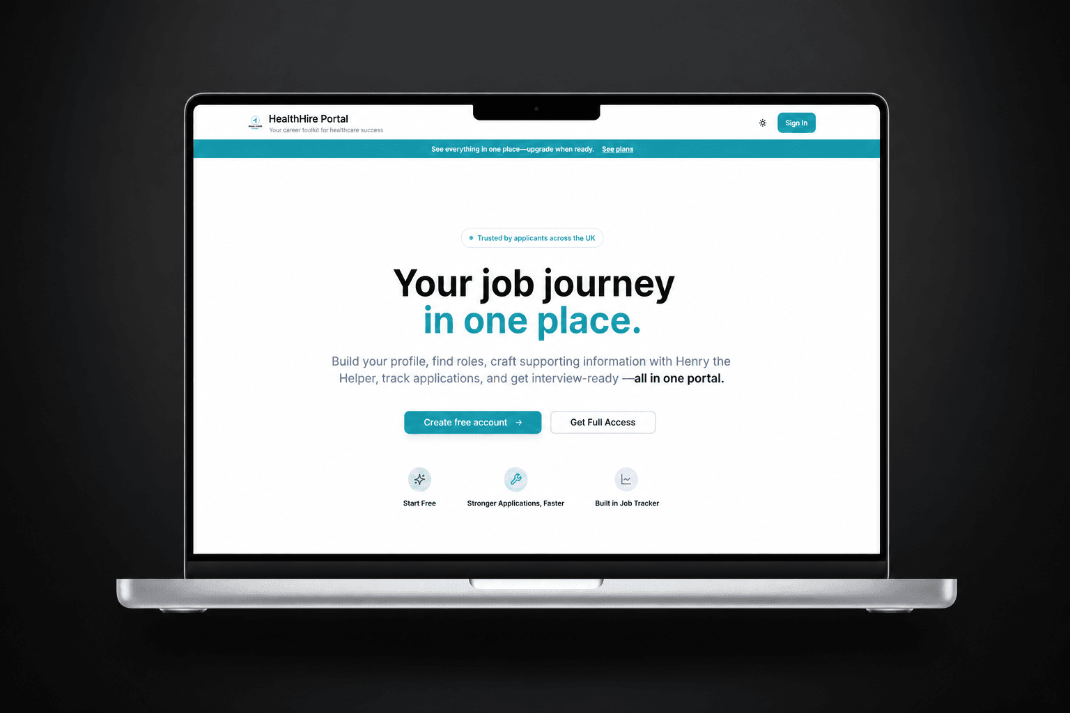 HealthHire Portal, An AI-powered healthcare career platform that brings profile building, job discovery, supporting information, interview practice and application tracking into one portal.