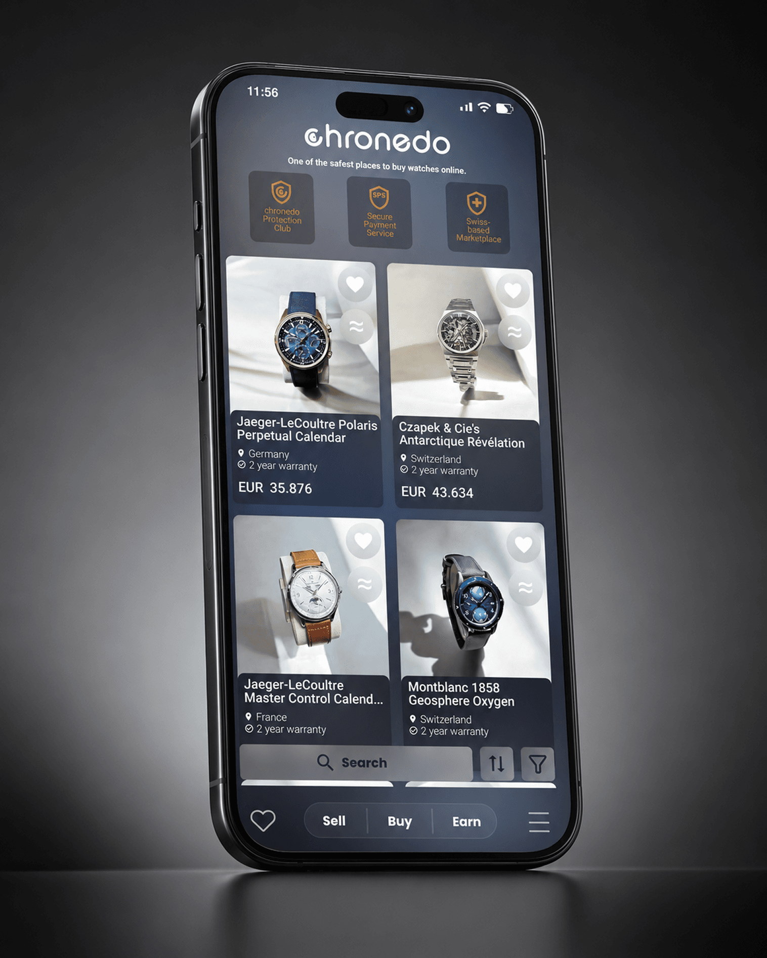 Chronedo, Marketplace browse — filters by reference, condition, year.