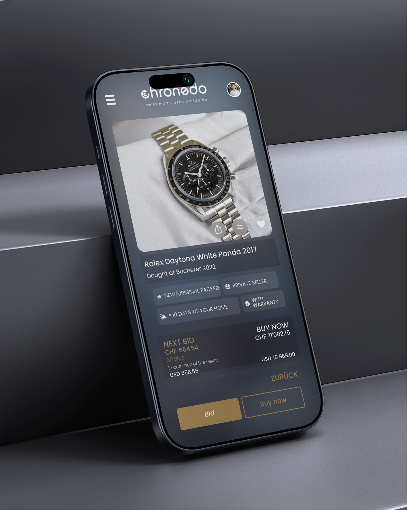 Chronedo, A modern, multi-currency marketplace for luxury watches, bidding, buy-now, dealer accounts and an editorial brand behind it.