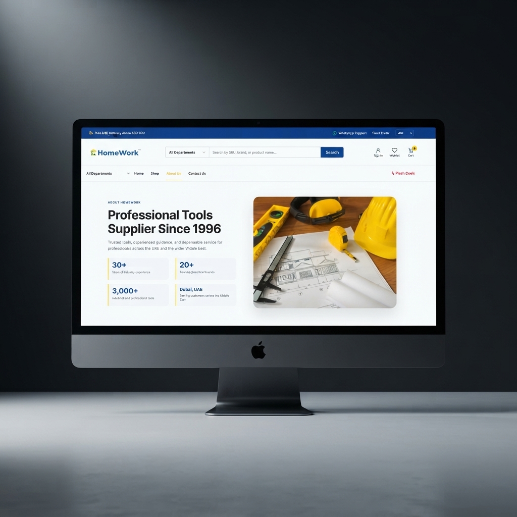 HomeWork L.L.C., An enterprise e-commerce platform for HomeWork L.L.C. (established 1996 in Dubai), showcasing power tools, hand tools, garden equipment, and workshop supplies.