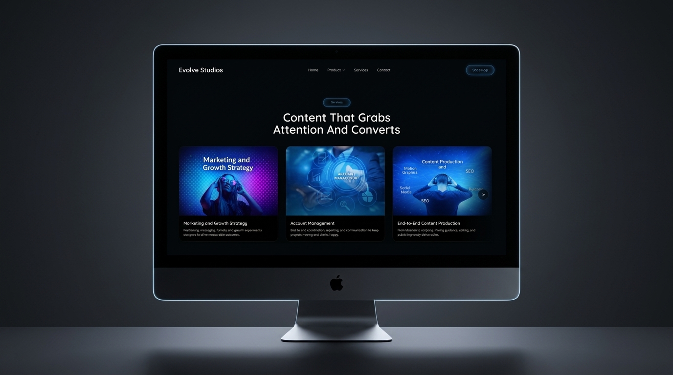 Evolve Studios Inc., A high-performance digital platform and brand architecture for an AI-focused marketing transformation and creative studio.